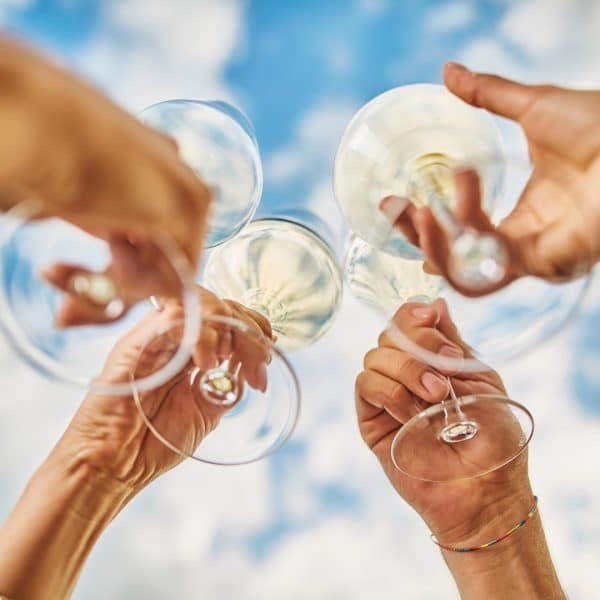 PEOPLE TOASTING WITH GLASSES OF WHITE ANTI-INFLAMMATORY WINE